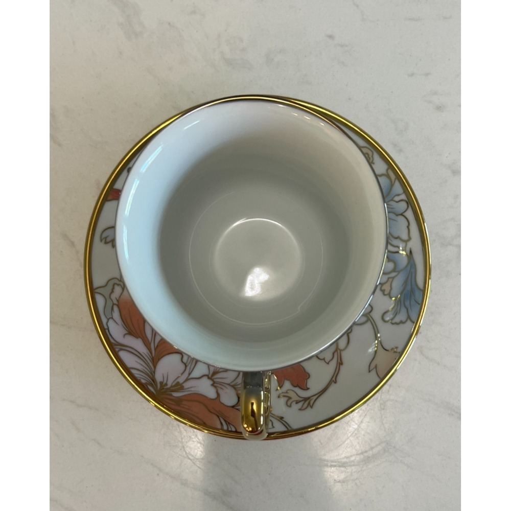 Gold Rim Peony Floral Teacup Saucer Spoon Set Fine Porcelain Cottagecore Party - Picture 7 of 14